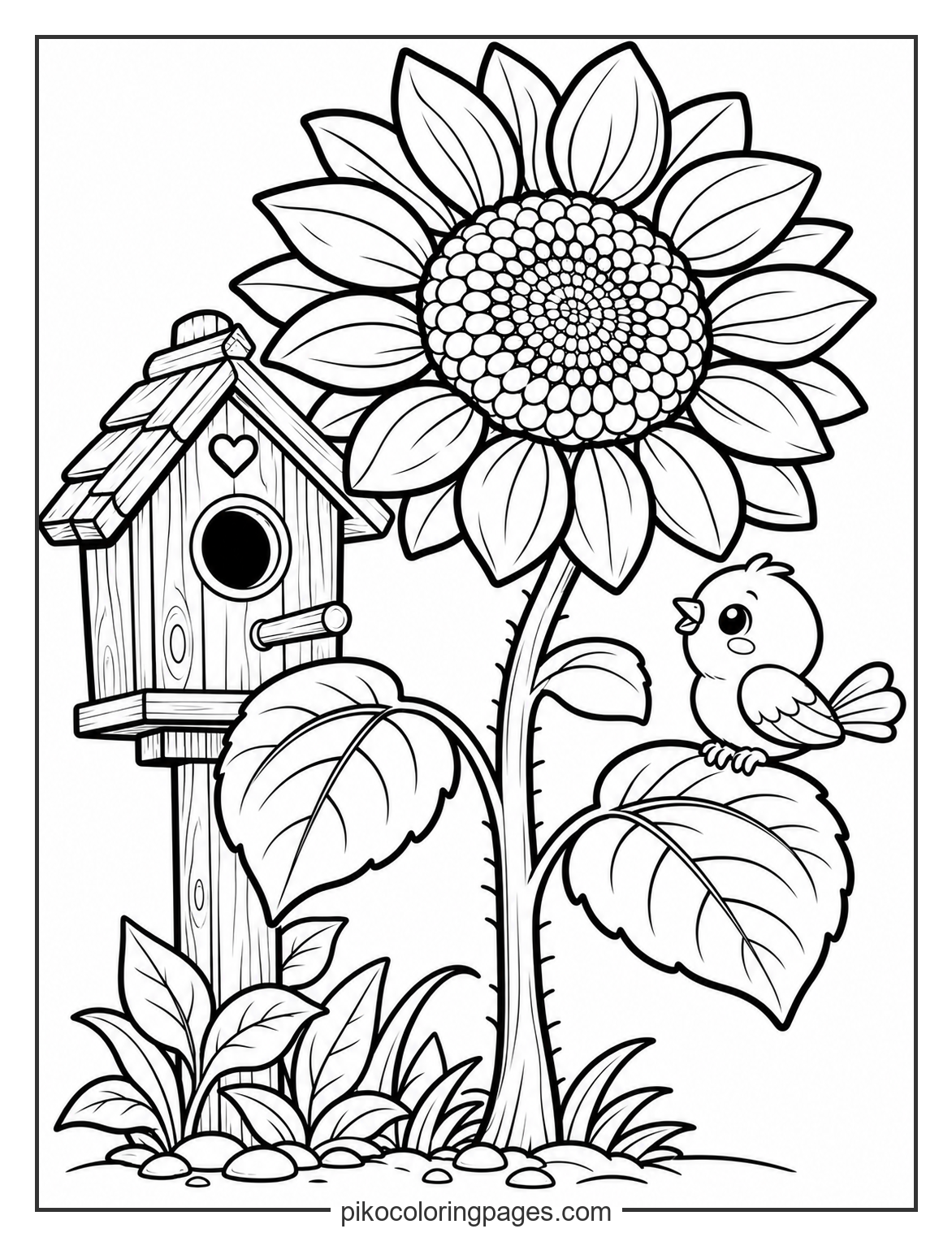 A peaceful scene of a sunflower and its backyard bird friend. sunflower with a birdhouse and a small bird coloring page