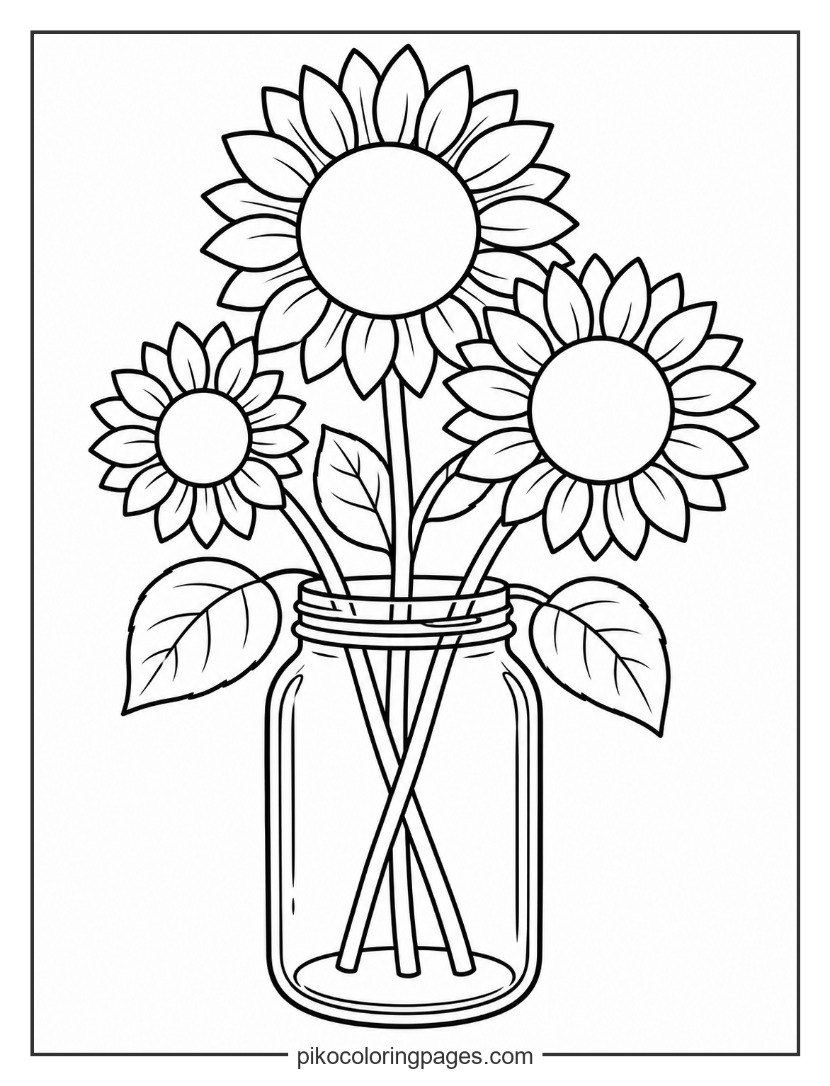 A beautiful sunflower arrangement ready for your colors. sunflower bouquet in a glass mason jar coloring page