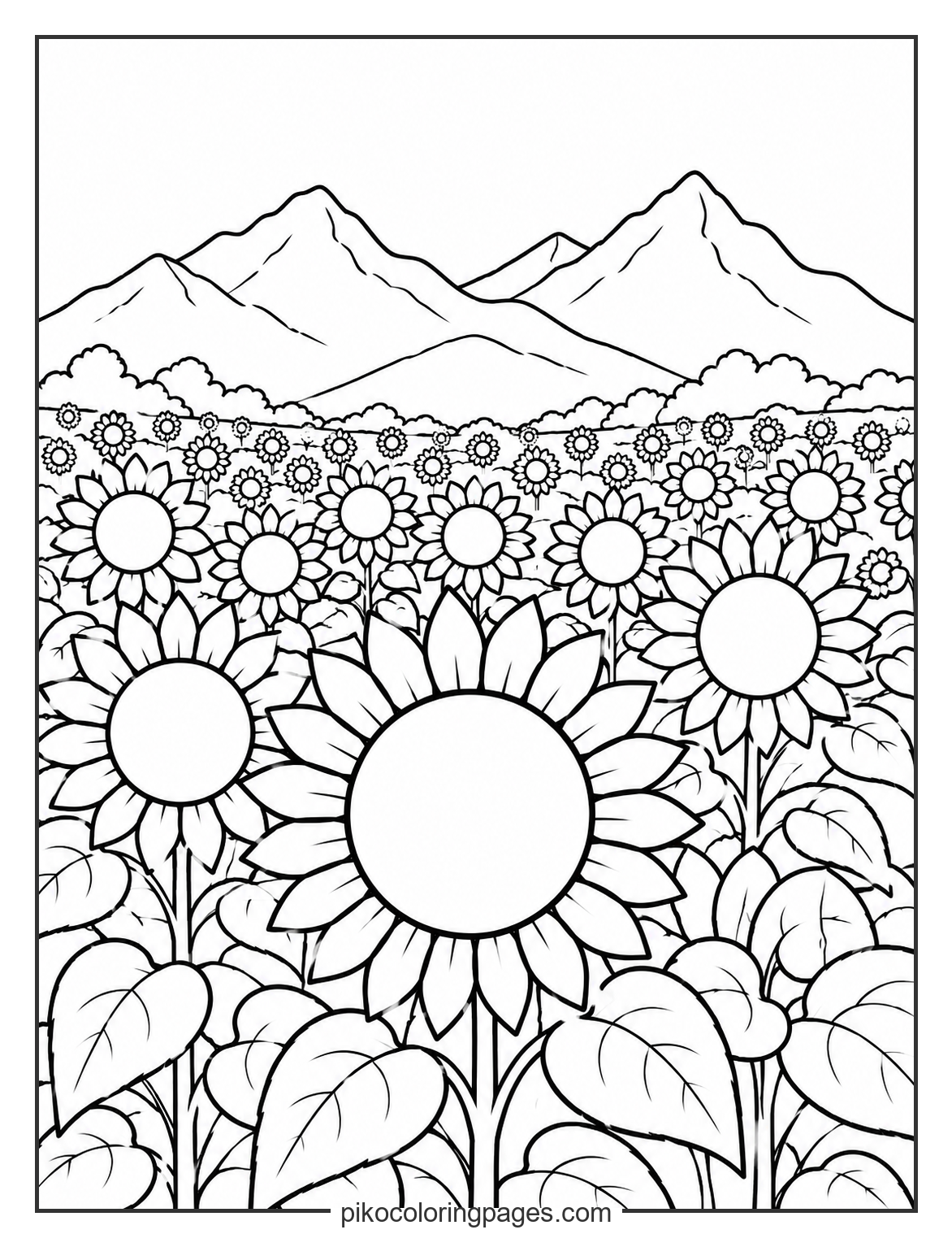 A vast field of sunshine stretching to the mountains. detailed sunflower field landscape with mountains coloring page