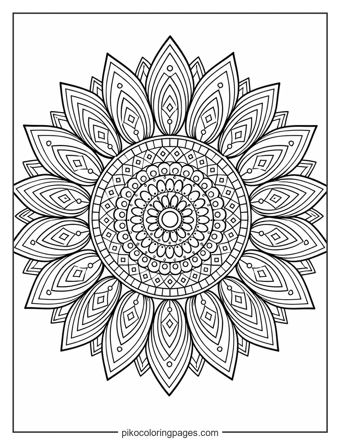 A relaxing mandala design inspired by sunflower petals. intricate sunflower mandala circular pattern coloring page