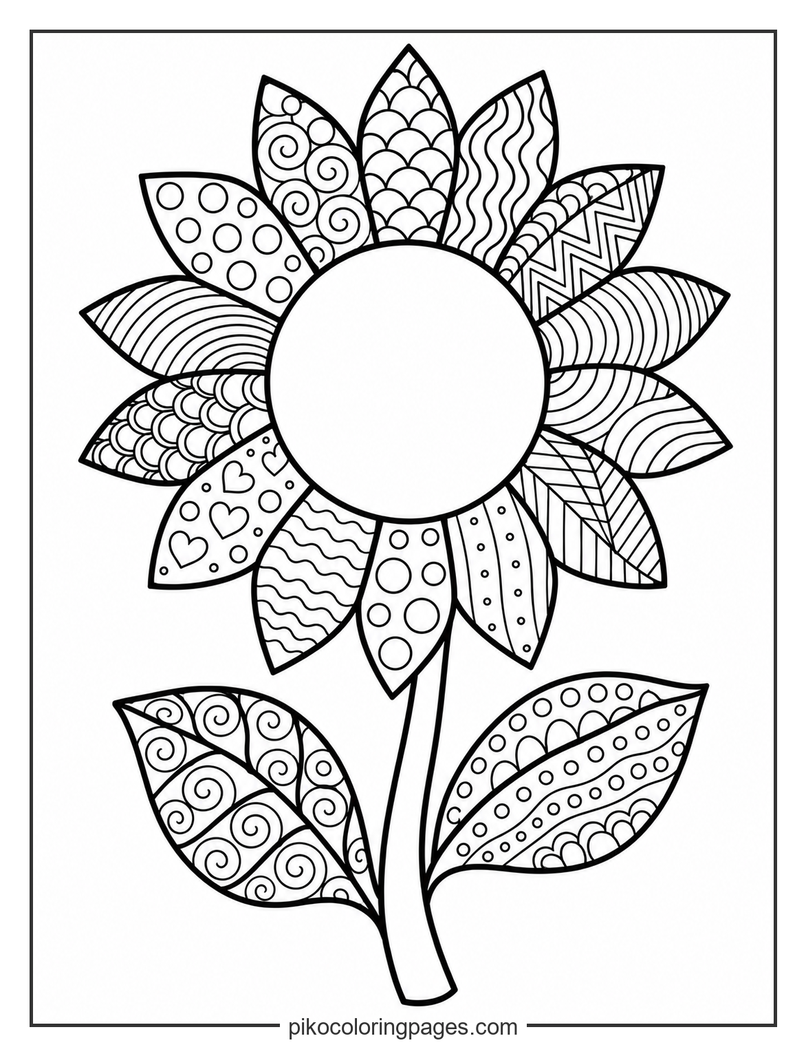 Explore different textures with this patterned sunflower. sunflower with zentangle patterned leaves coloring page